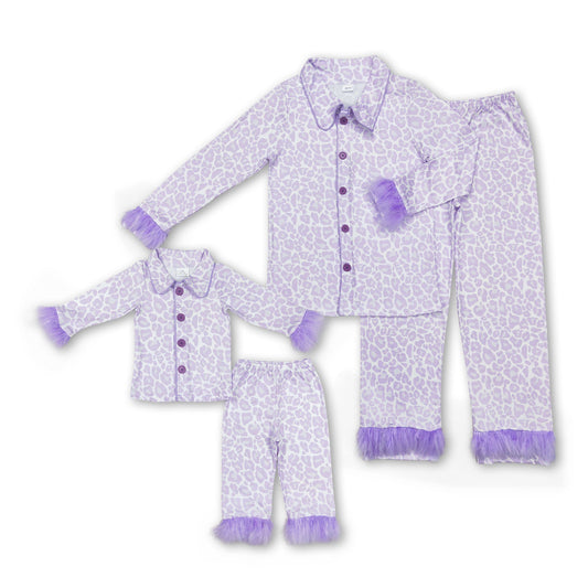 Lavender leopard fur ruffle kids girls button down pajamas - BIG FRENCHIES