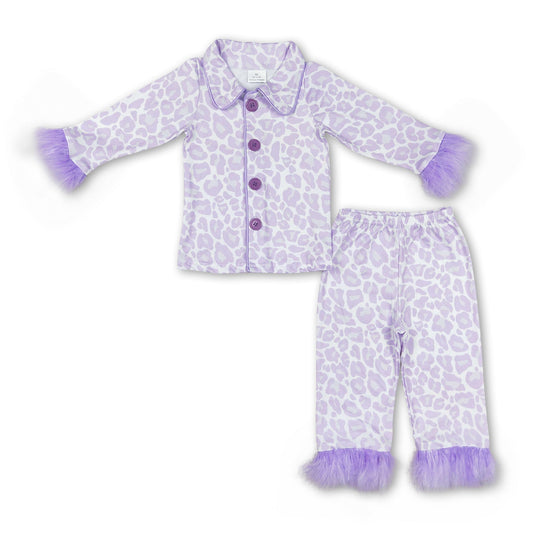 Lavender leopard fur ruffle kids girls button down pajamas - BIG FRENCHIES