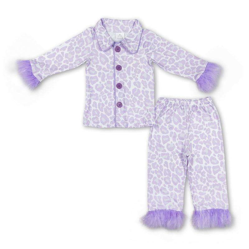 Lavender leopard fur ruffle kids girls button down pajamas - BIG FRENCHIES