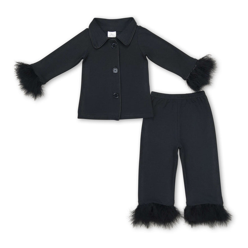 Black cotton fur ruffle kids girls button down pajamas - BIG FRENCHIES