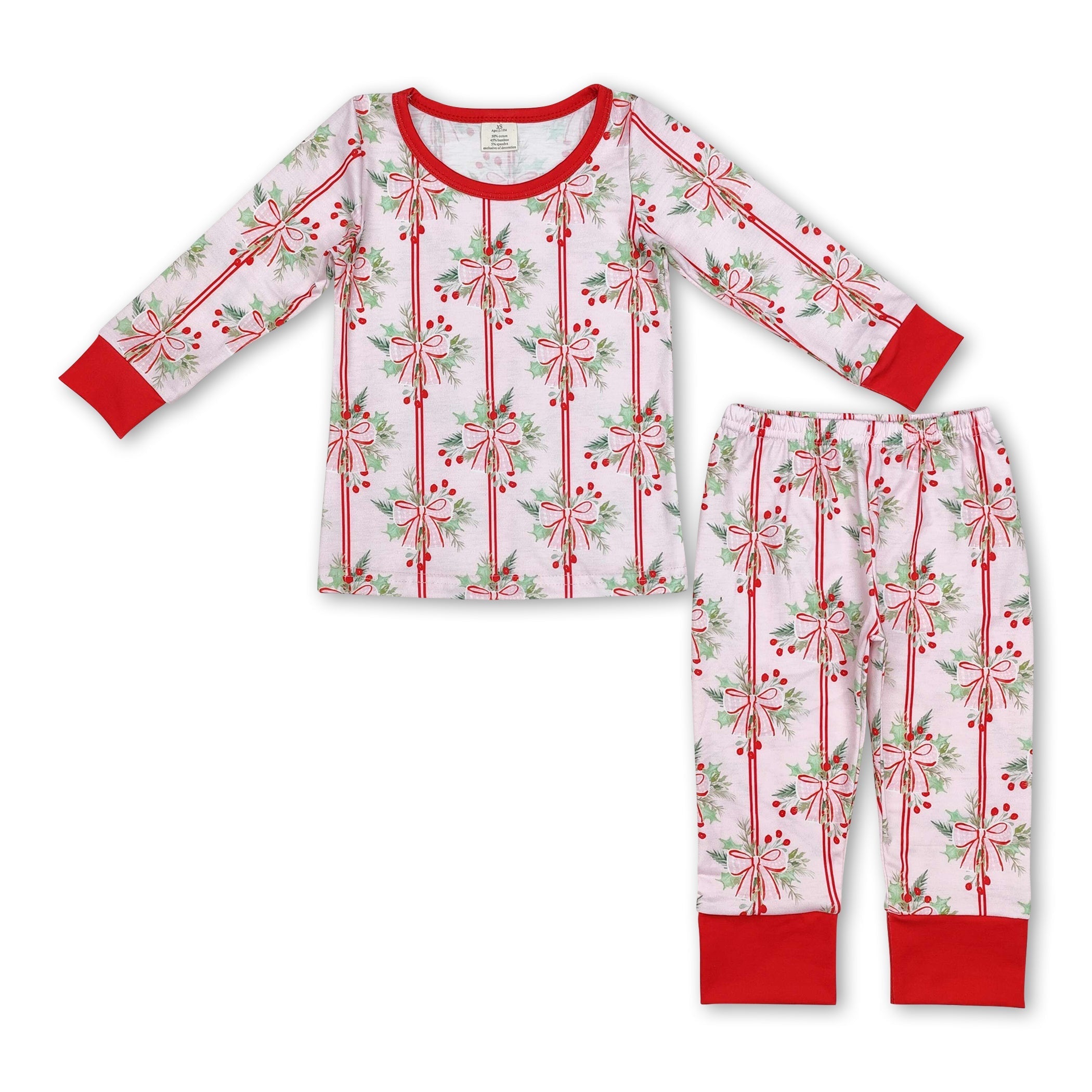 Red long sleeves pink bow kids girls Christmas pajamas - BIG FRENCHIES
