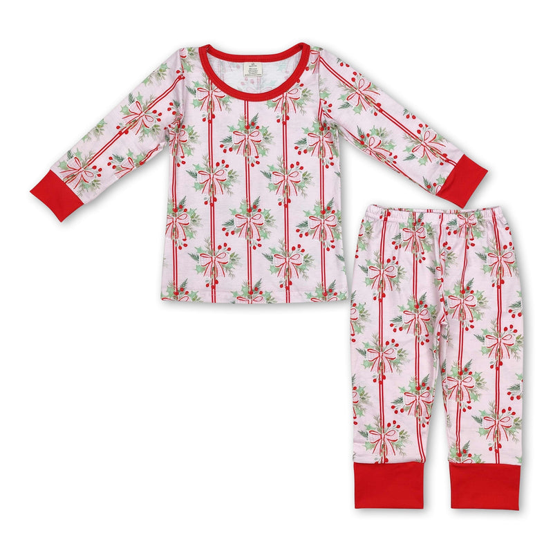 Red long sleeves pink bow kids girls Christmas pajamas - BIG FRENCHIES