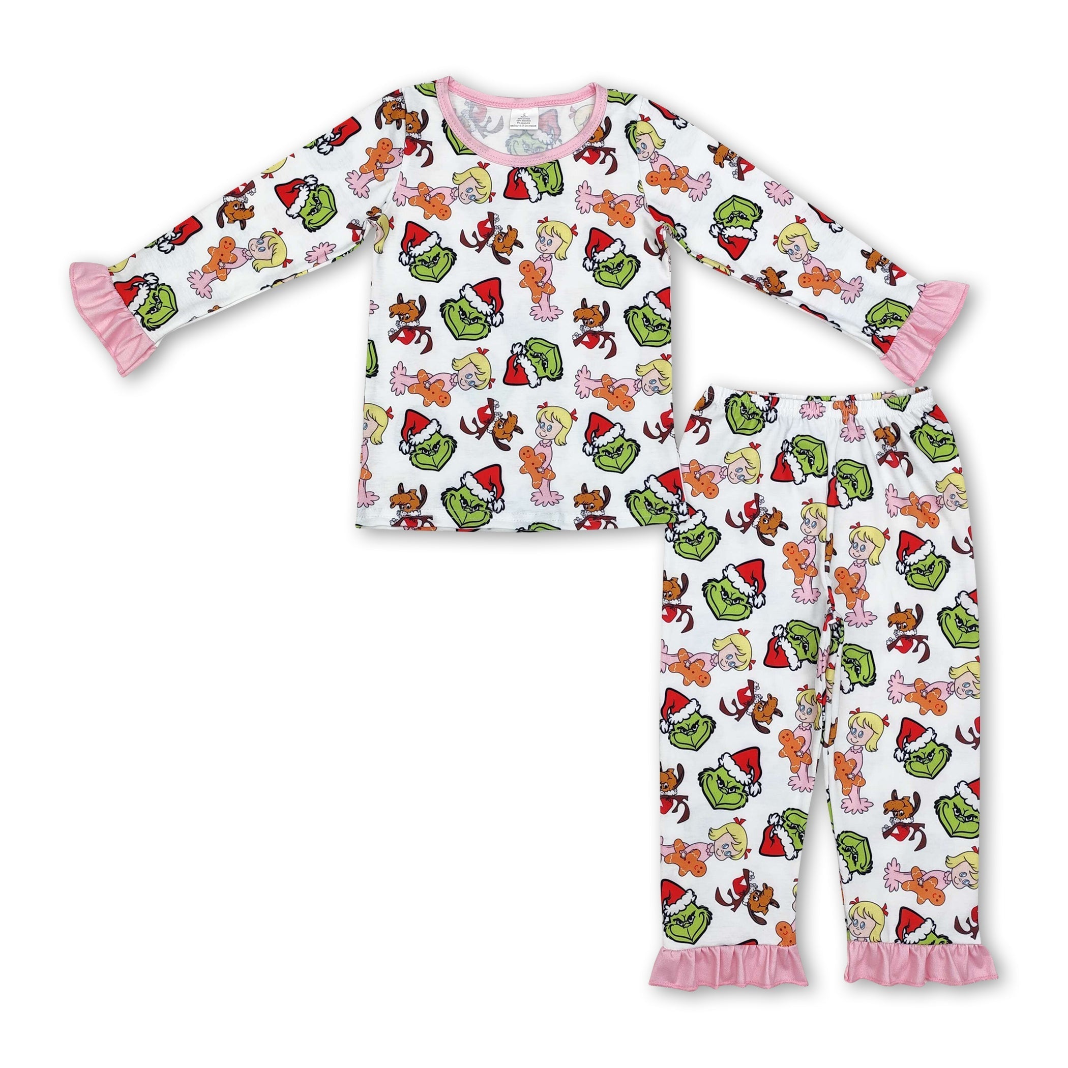 Pink ruffle long sleeves green face girls Christmas pajamas - BIG FRENCHIES