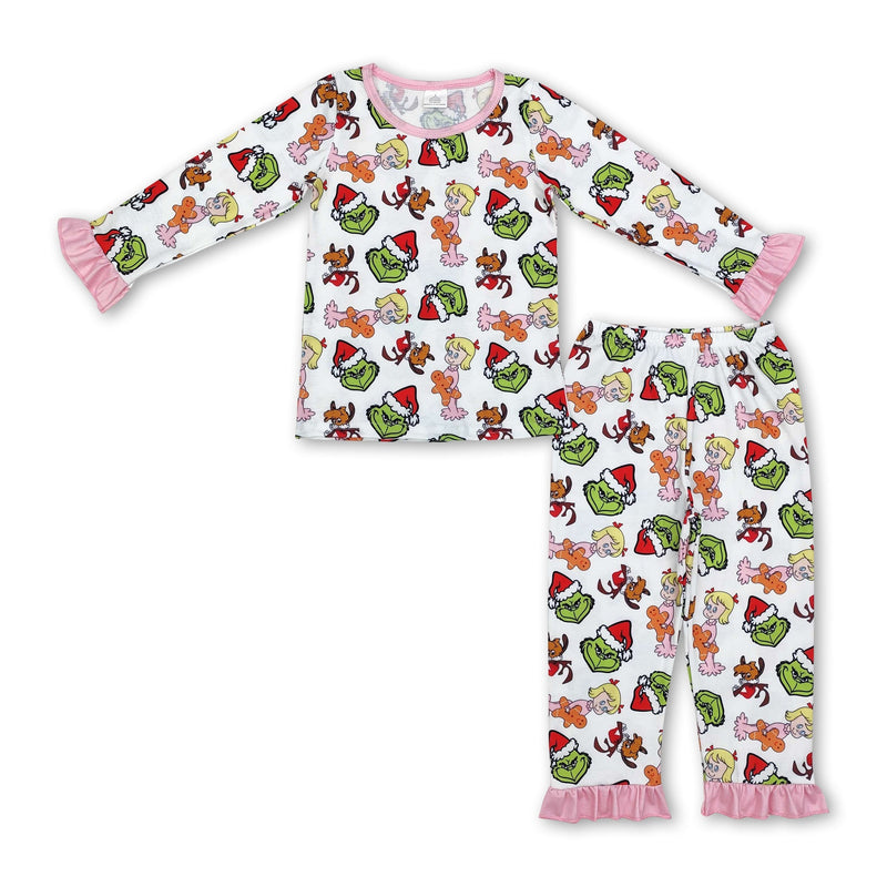 Pink ruffle long sleeves green face girls Christmas pajamas - BIG FRENCHIES