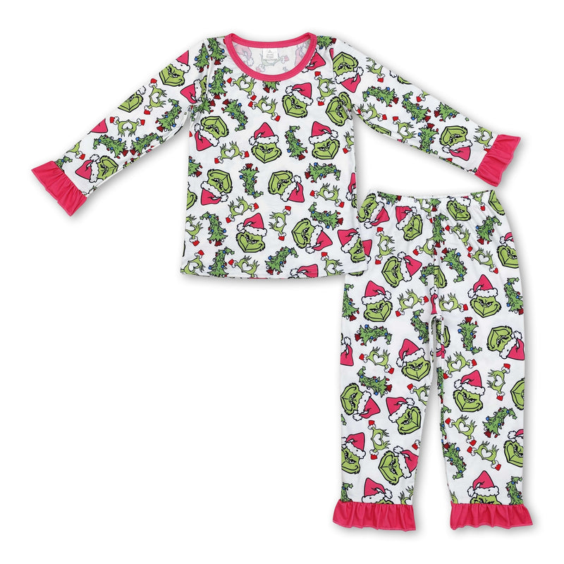 Hot pink long sleeves green face Christmas tree girls pajamas - BIG FRENCHIES