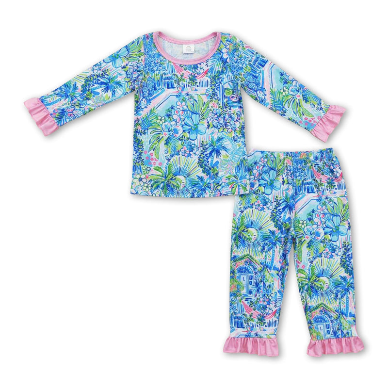 Long sleeves watercolor blue floral girls pajamas - BIG FRENCHIES