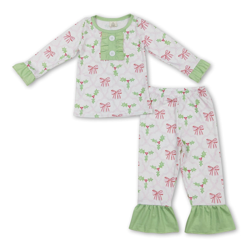 Green long sleeves pink bow kids girls Christmas pajamas - BIG FRENCHIES