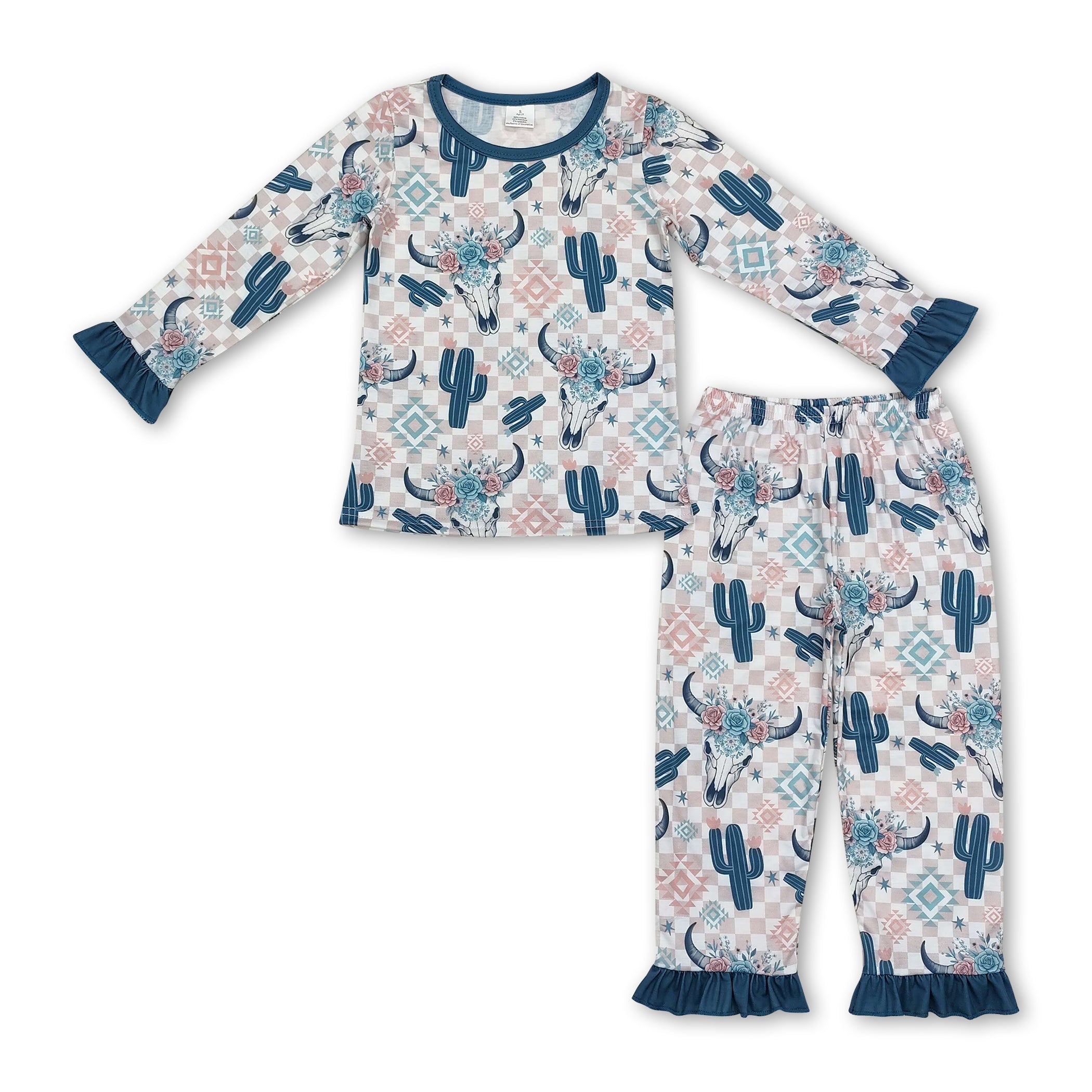Long sleeves bull skull cactus plaid girls western pajamas - BIG FRENCHIES