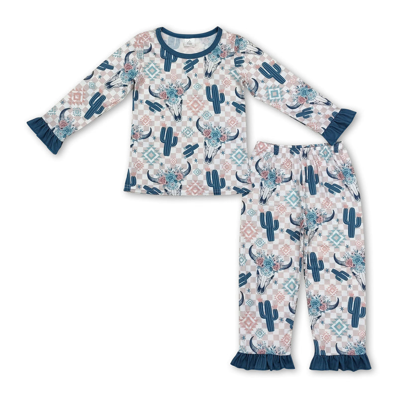 Long sleeves bull skull cactus plaid girls western pajamas - BIG FRENCHIES