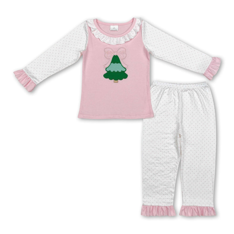Pink bow Christmas tree top polka dots pants girls pajamas - BIG FRENCHIES