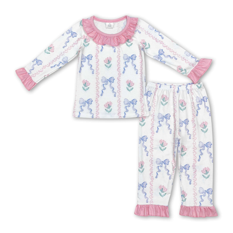 Pink ruffle floral bow kids girls pajamas - BIG FRENCHIES