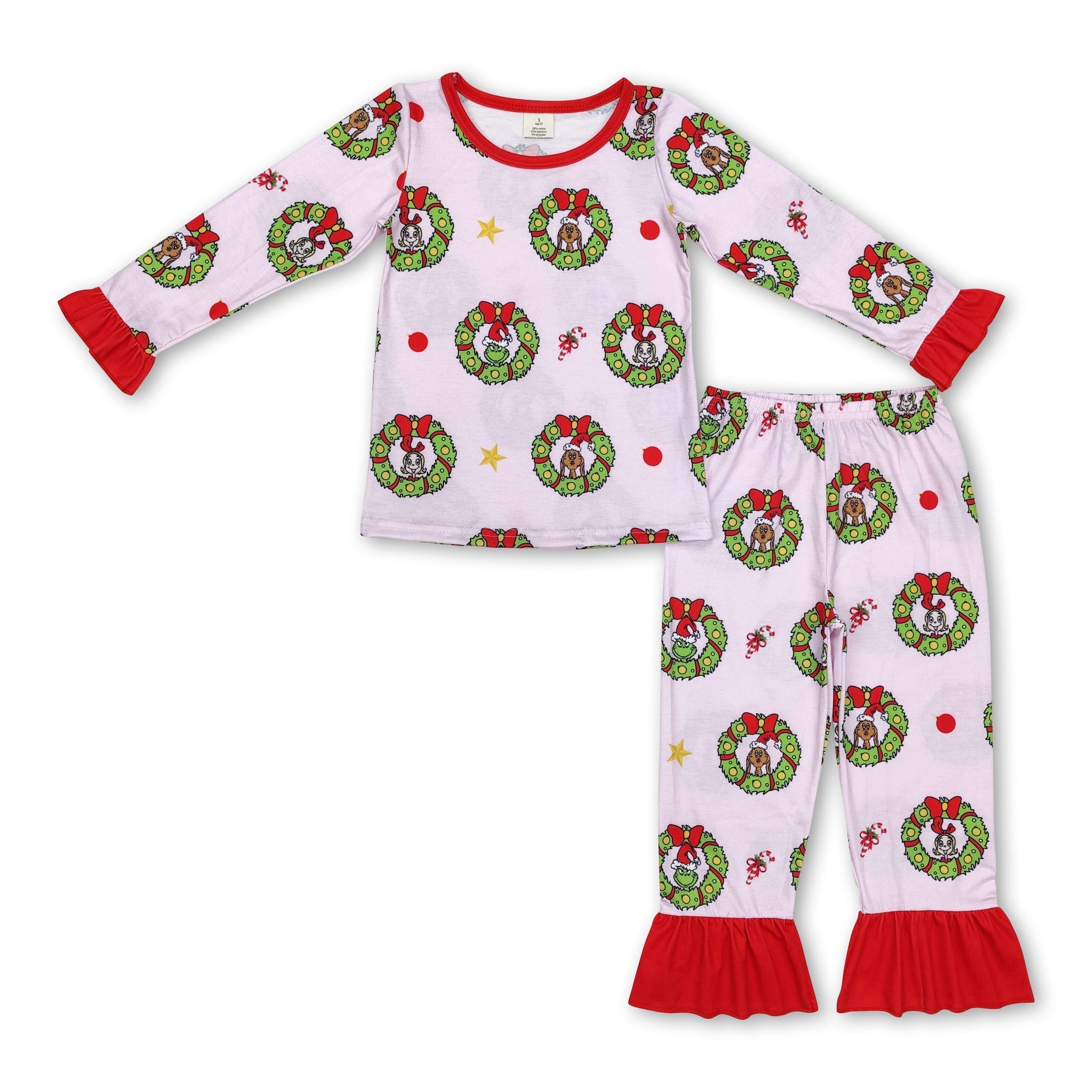 Long sleeves pink green face ruffle girls Christmas pajamas - BIG FRENCHIES