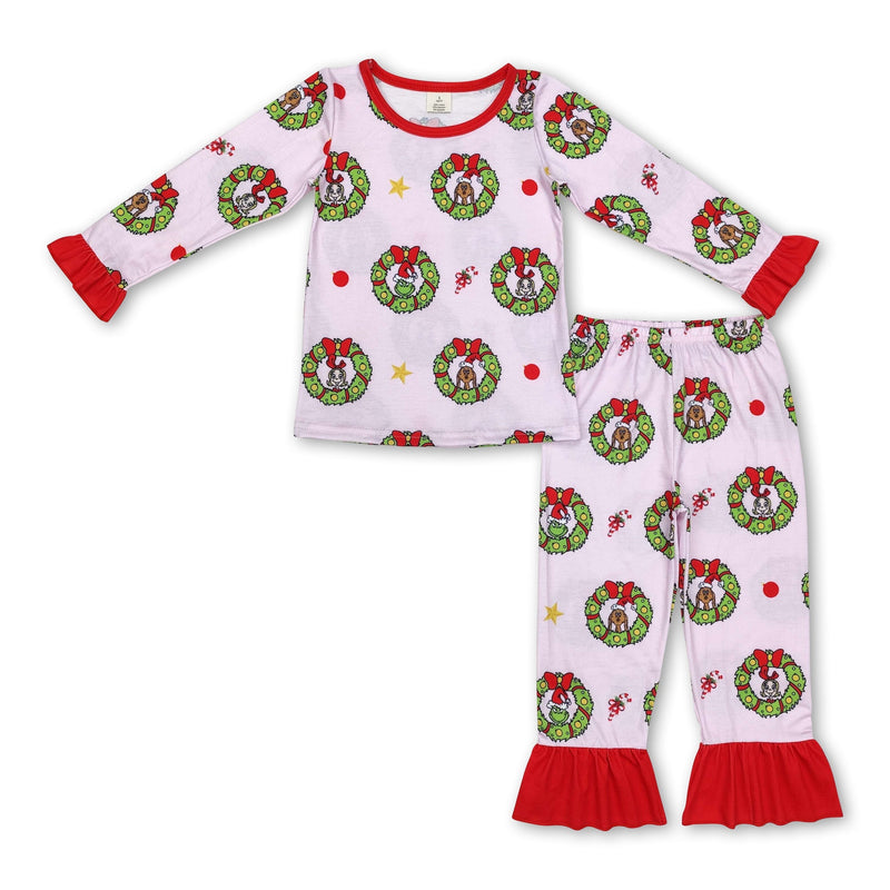 Long sleeves pink green face ruffle girls Christmas pajamas - BIG FRENCHIES