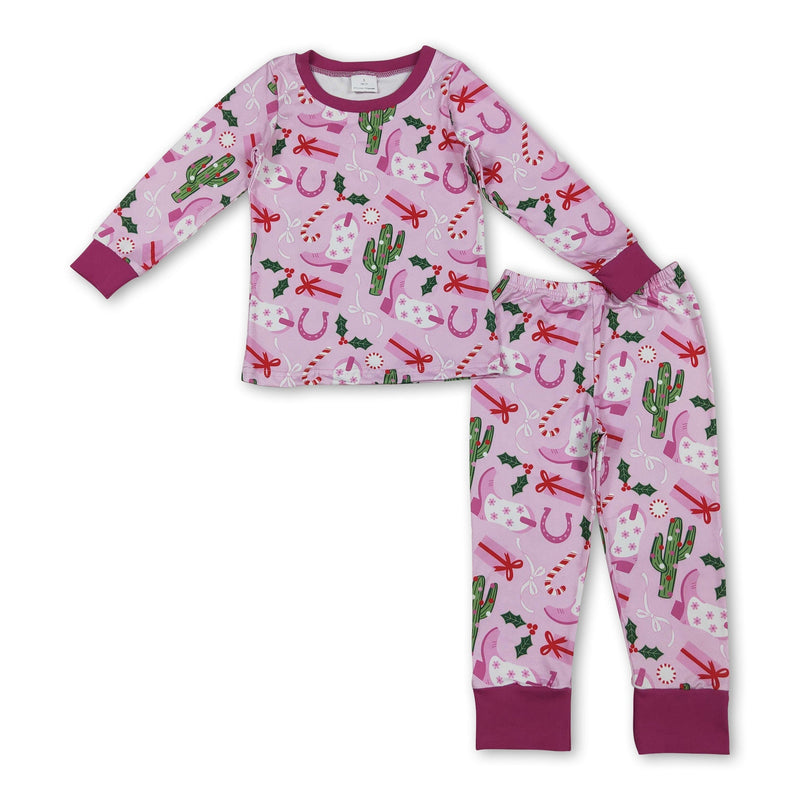 Pink boots cactus candy cane girls western Christmas pajamas - BIG FRENCHIES