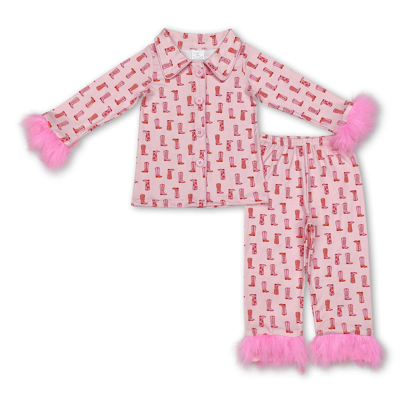 Pink boots fur long sleeves button down girls western pajamas - BIG FRENCHIES