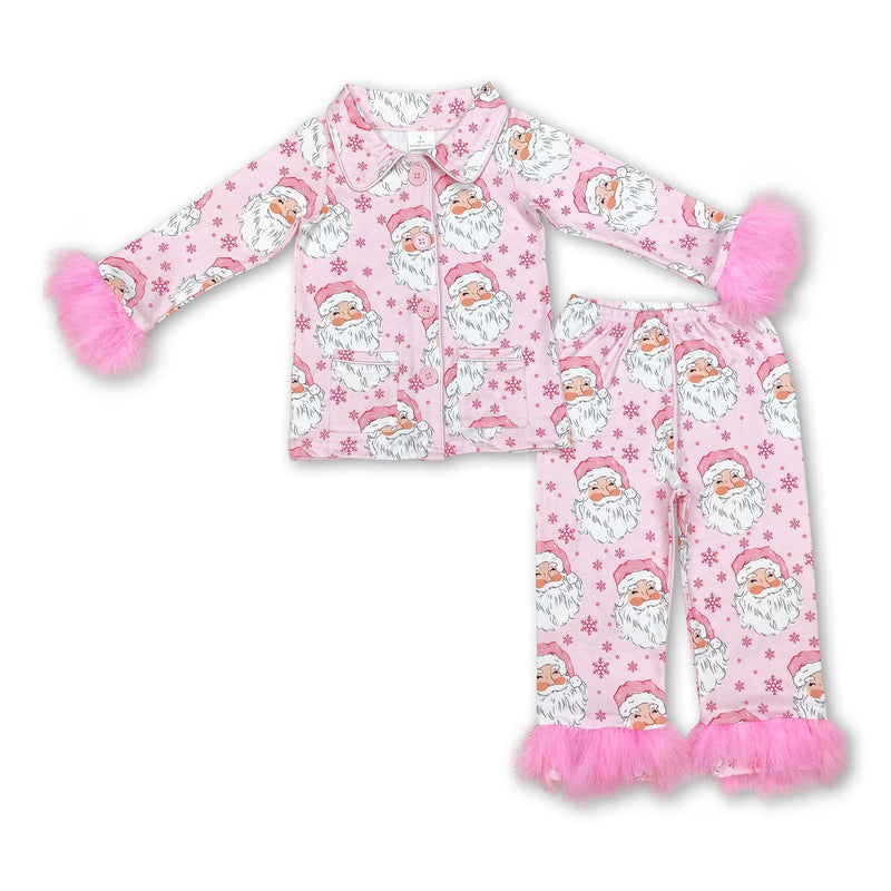 Pink santa fur sleeves button down girls Christmas pajamas - BIG FRENCHIES