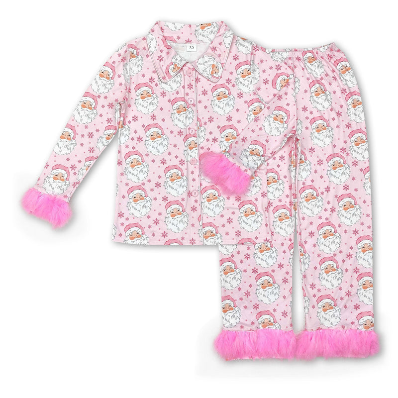 Santa fur ruffle button down adult women Christmas pajamas - BIG FRENCHIES