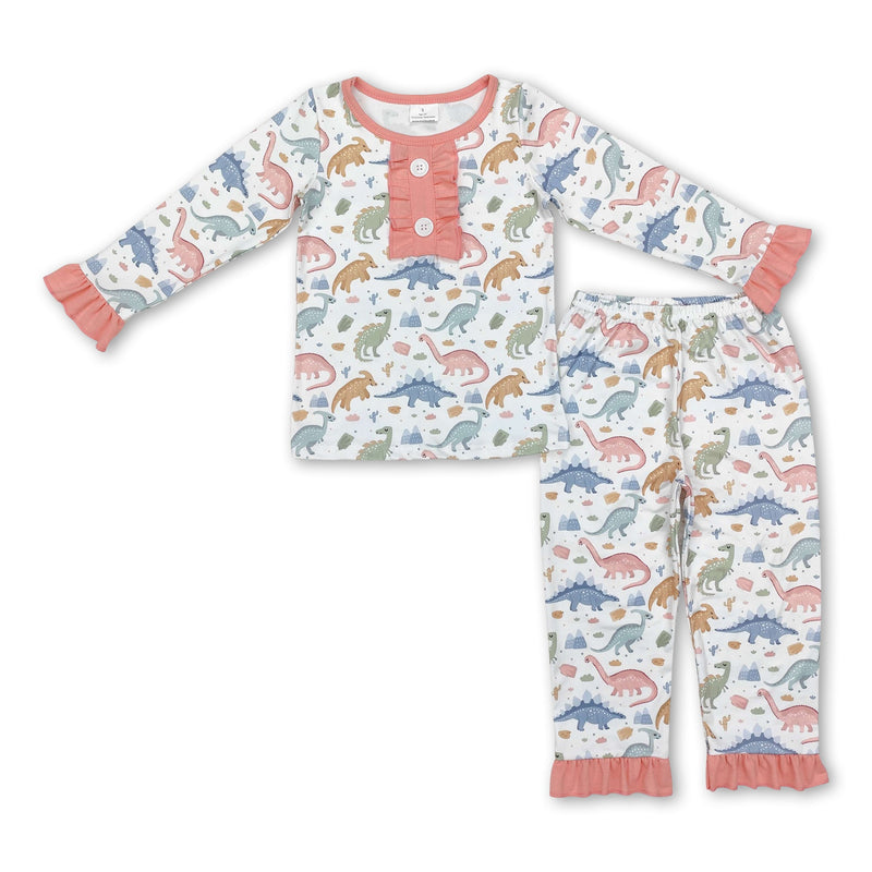 Pink ruffle long sleeves dinosaur kids girls pajamas - BIG FRENCHIES