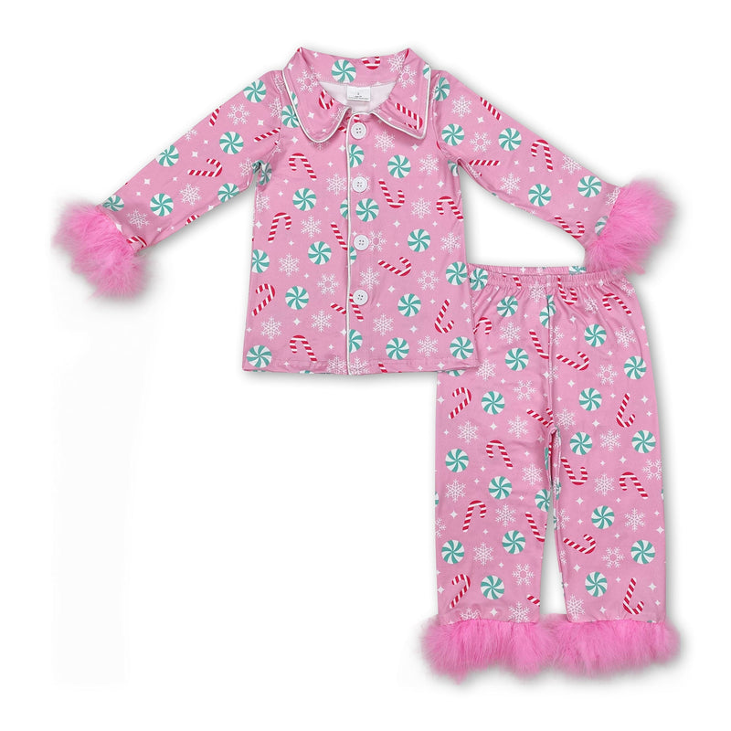 Pink fur candy cane girls Christmas button down pajamas - BIG FRENCHIES