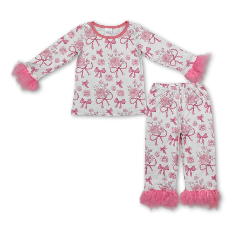 Pink bow floral fur long sleeves baby girls pajamas - BIG FRENCHIES