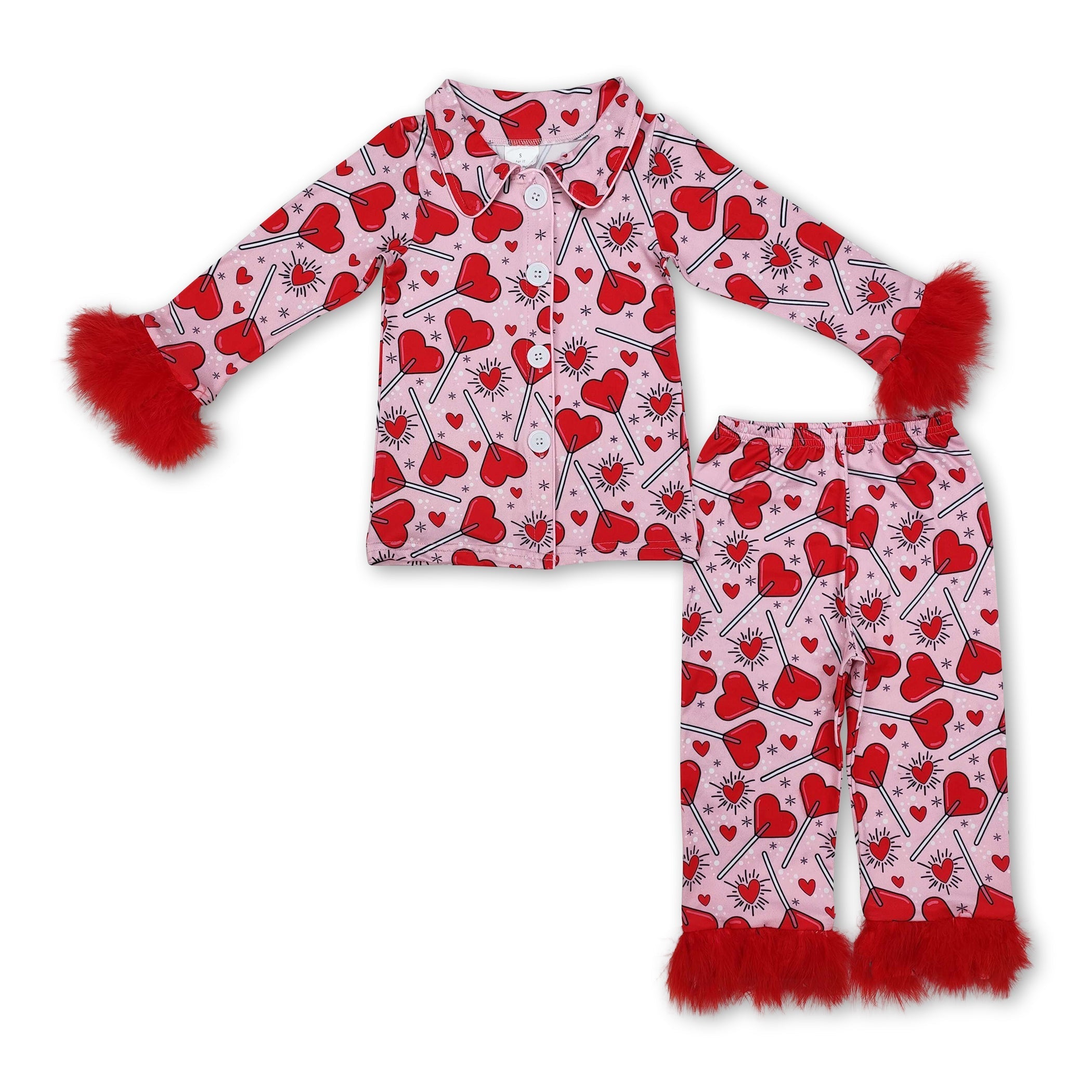 Red heart fur long sleeves girls valentine's pajamas - BIG FRENCHIES