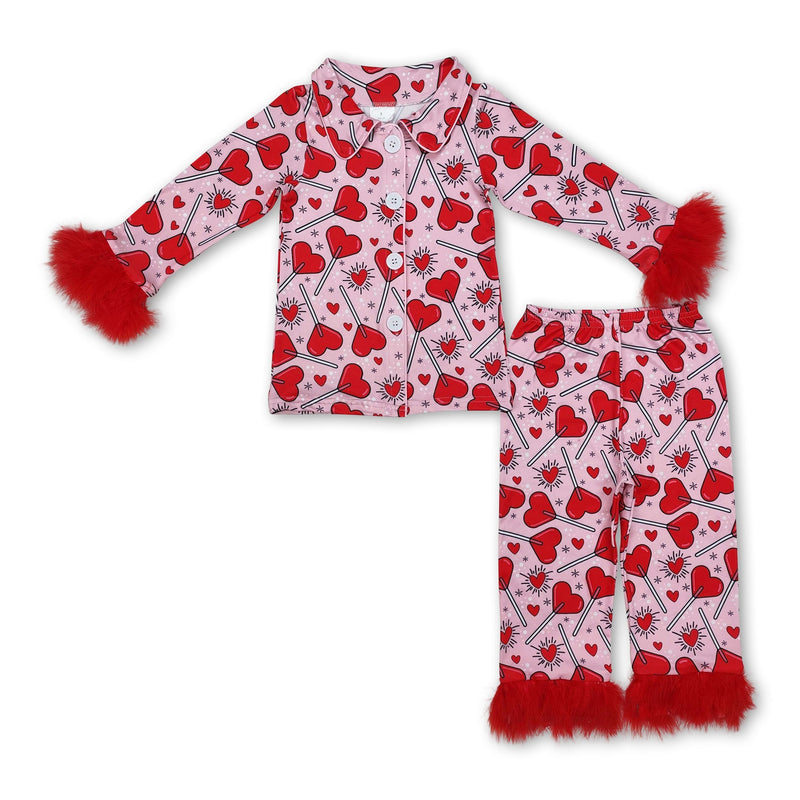 Red heart fur long sleeves girls valentine's pajamas - BIG FRENCHIES