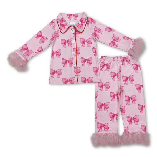 Pink bow fur long sleeves kids girls button down pajamas - BIG FRENCHIES