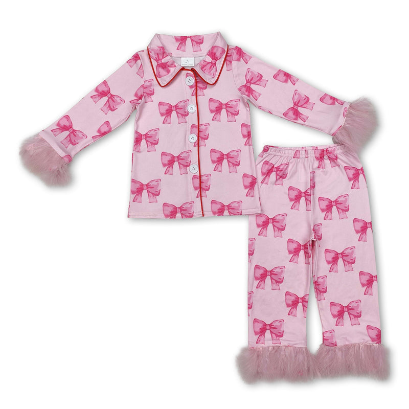 Pink bow fur long sleeves kids girls button down pajamas - BIG FRENCHIES