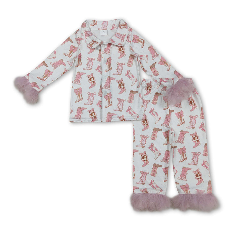 Pink fur long sleeves boots bow girls button down pajamas - BIG FRENCHIES