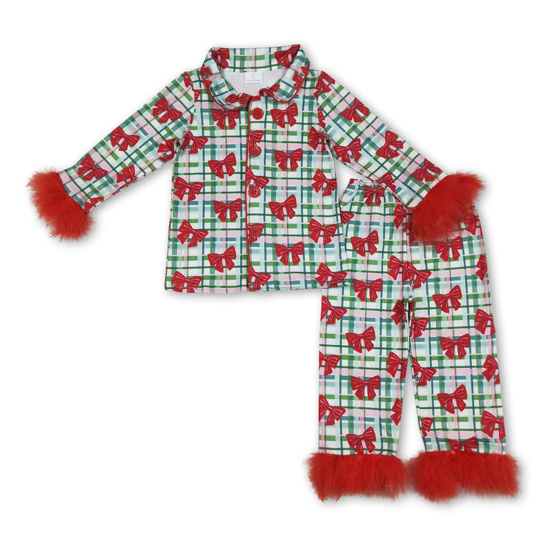 Red fur green plaid bow girls Christmas button down pajamas - BIG FRENCHIES