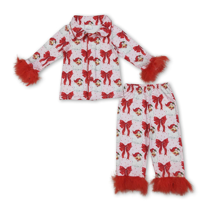Red fur polka dots santa girls Christmas button down pajamas - BIG FRENCHIES