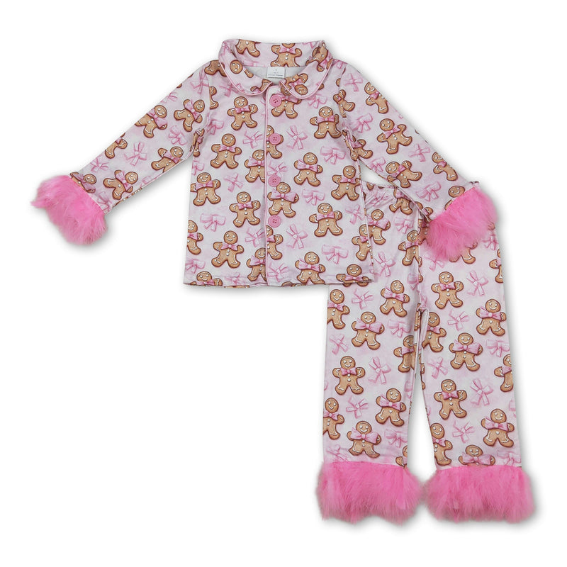 Pink fur gingerbread bow girls Christmas button down pajamas - BIG FRENCHIES