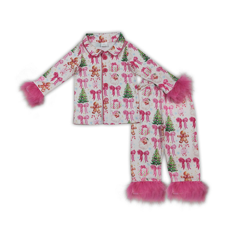 Gingerbread bow Christmas tree girls fur button down pajamas - BIG FRENCHIES