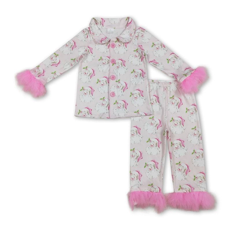 Pink fur santa kids girls Christmas button down pajamas - BIG FRENCHIES