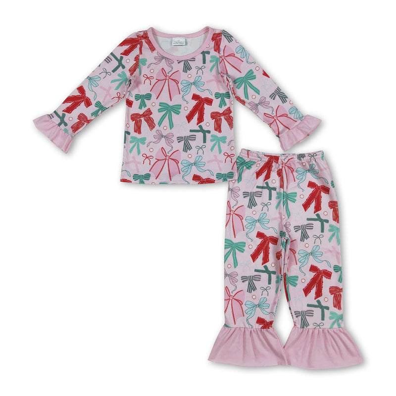 Pink long sleeves colorful bows girls Christmas pajamas - BIG FRENCHIES