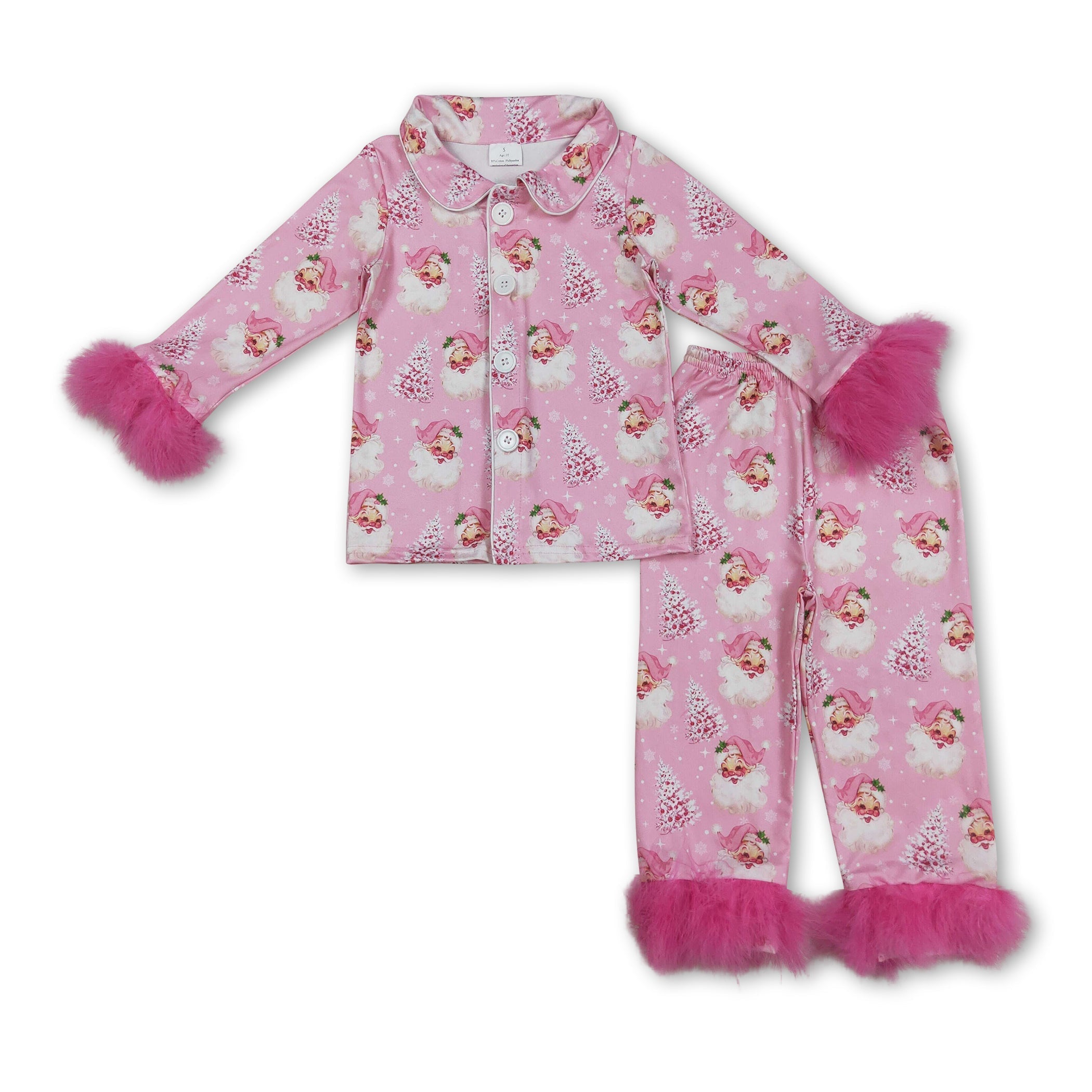 Pink fur Christmas tree santa girls button down pajamas - BIG FRENCHIES