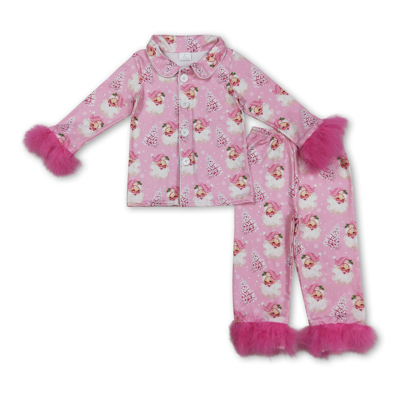 Pink fur Christmas tree santa girls button down pajamas - BIG FRENCHIES