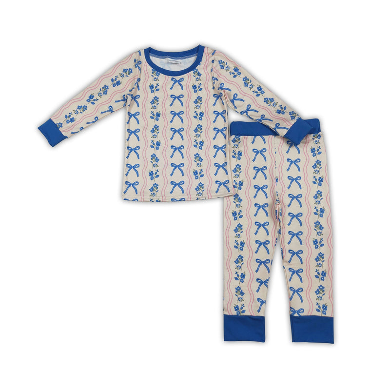 Long sleeves blue bow floral kids girls pajamas - BIG FRENCHIES