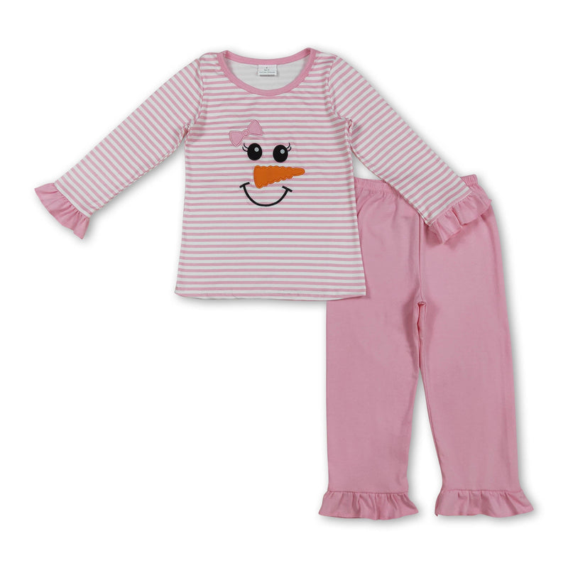 Pink stripe snowman bow top pants girls pajamas - BIG FRENCHIES