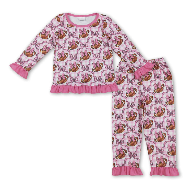 Pink ruffle long sleeves plaid bow football kids girls pajamas - BIG FRENCHIES