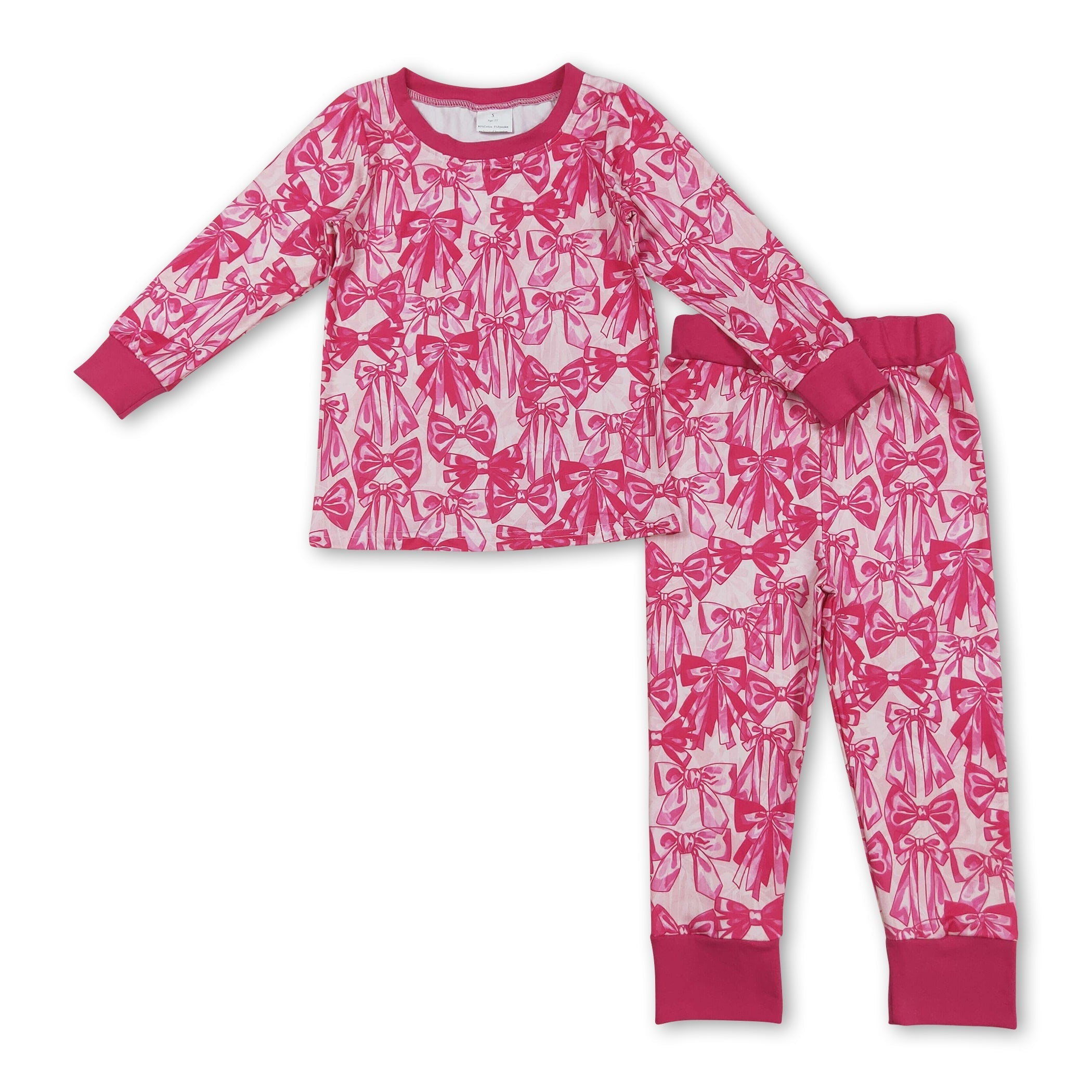 Hot pink bow long sleeves top pants kids girls pajamas - BIG FRENCHIES