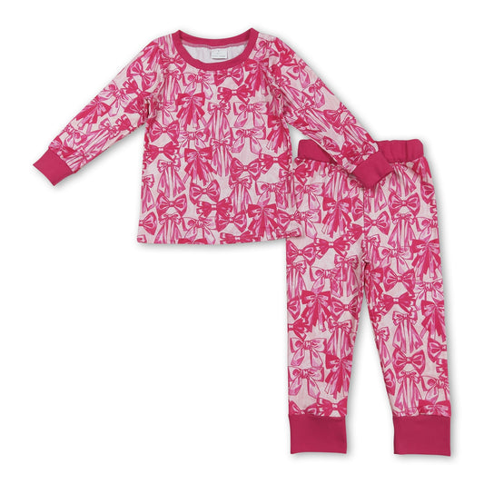 Hot pink bow long sleeves top pants kids girls pajamas - BIG FRENCHIES
