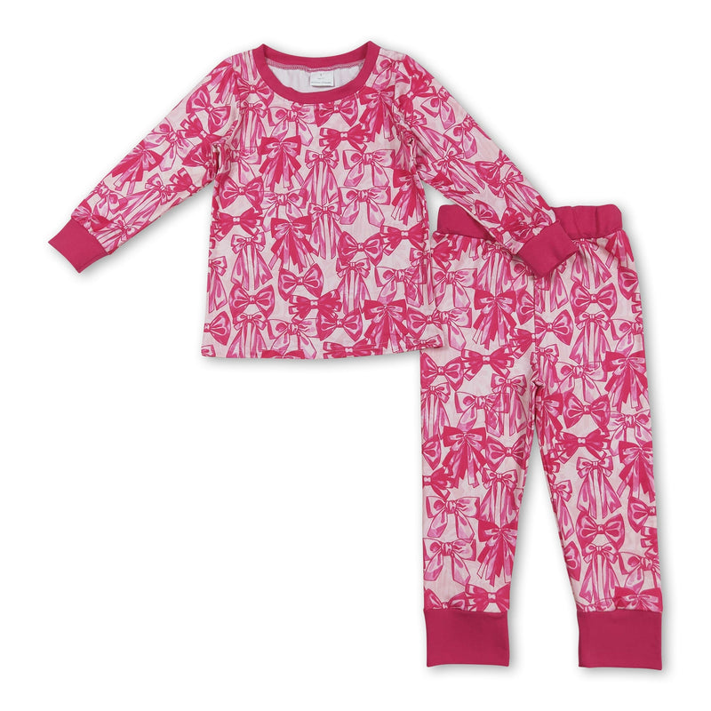 Hot pink bow long sleeves top pants kids girls pajamas - BIG FRENCHIES