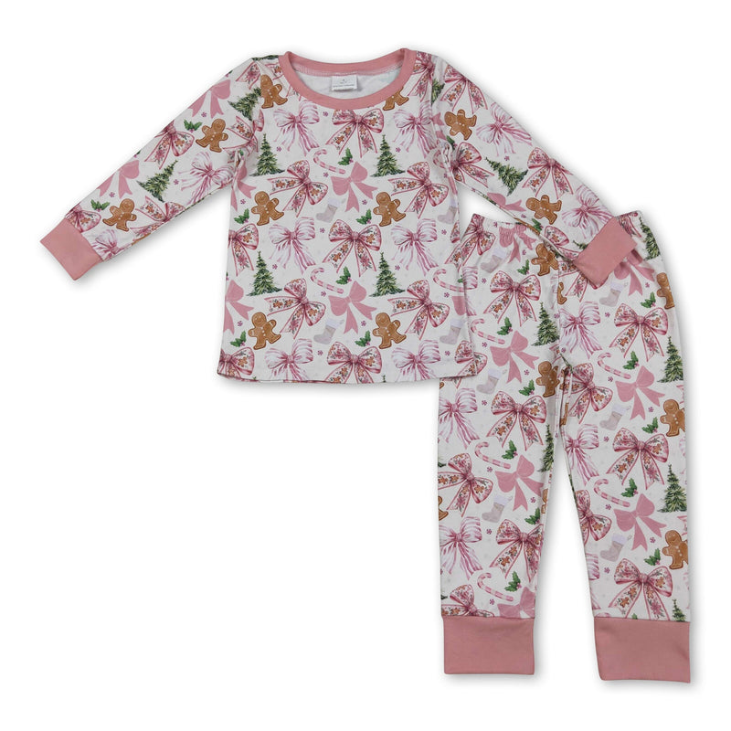 Pink long sleeves bow gingerbread girls Christmas pajamas - BIG FRENCHIES