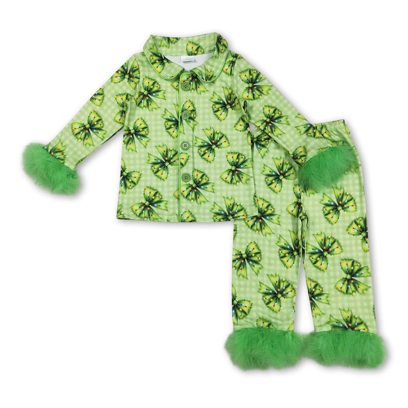Green face bow plaid girls Christmas button down pajamas - BIG FRENCHIES