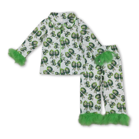 Green face bow baby girls Christmas button down pajamas - BIG FRENCHIES