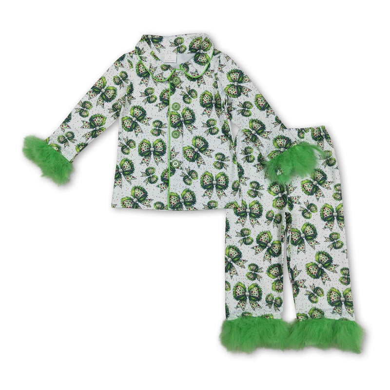 Green face bow baby girls Christmas button down pajamas - BIG FRENCHIES