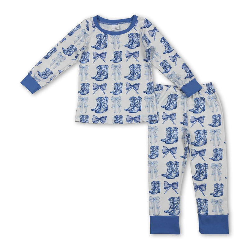 Long sleeves light blue bow boots western girls pajamas - BIG FRENCHIES