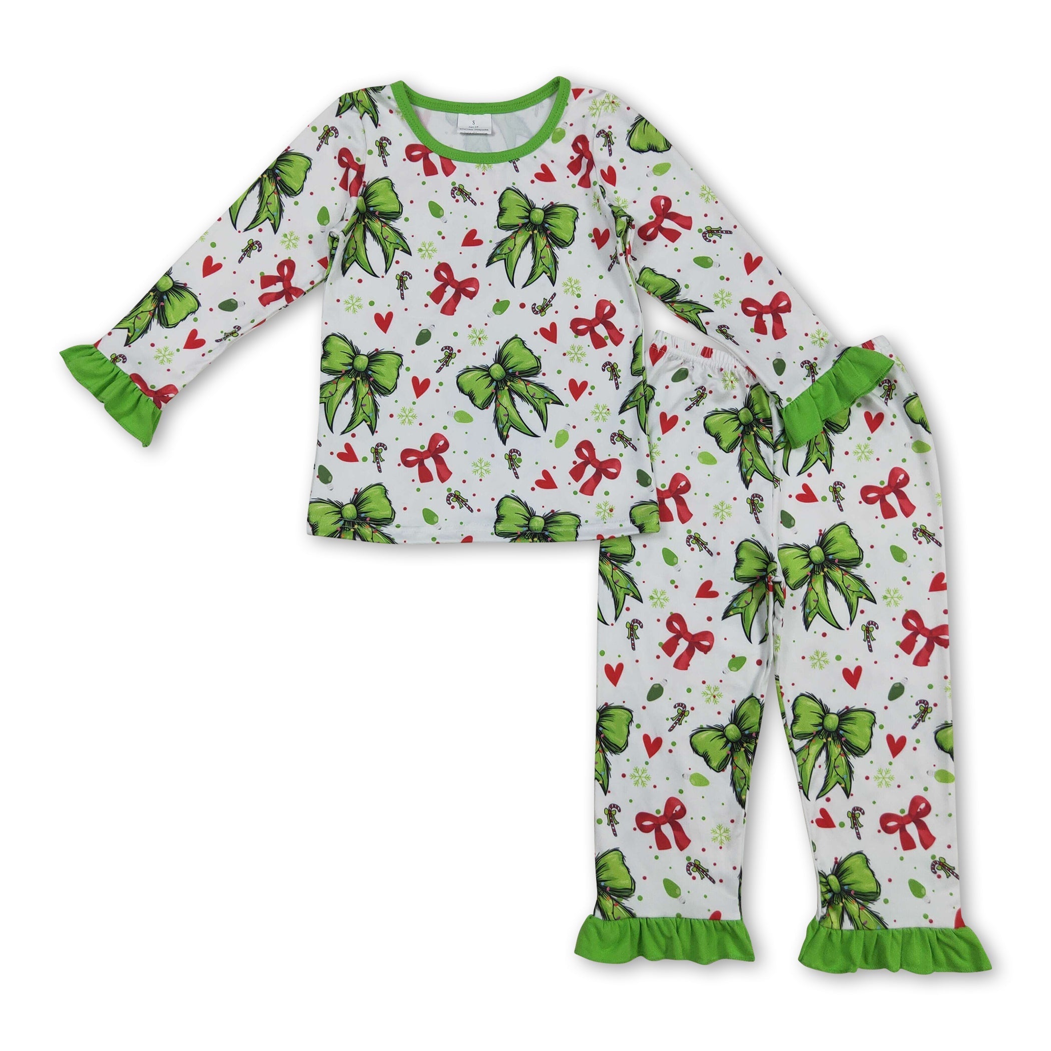 Ruffle long sleeves red green face heart girls Christmas pajamas - BIG FRENCHIES