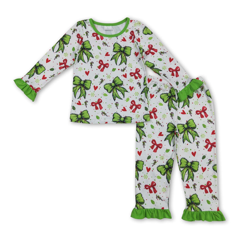 Ruffle long sleeves red green face heart girls Christmas pajamas - BIG FRENCHIES